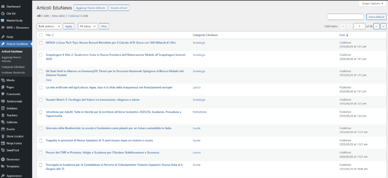 Figura 2: Elenco articoli importati da EduNews24